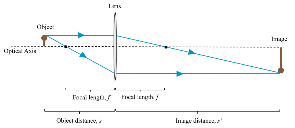 Diagram showing diverging rays from an object reaching a lens and being re-directed to reconverge at the image.